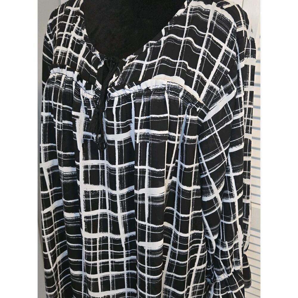 Valerie Stevens Black/white Grid Pattern Blouse PLUS 3X Peasant Cottage Tie